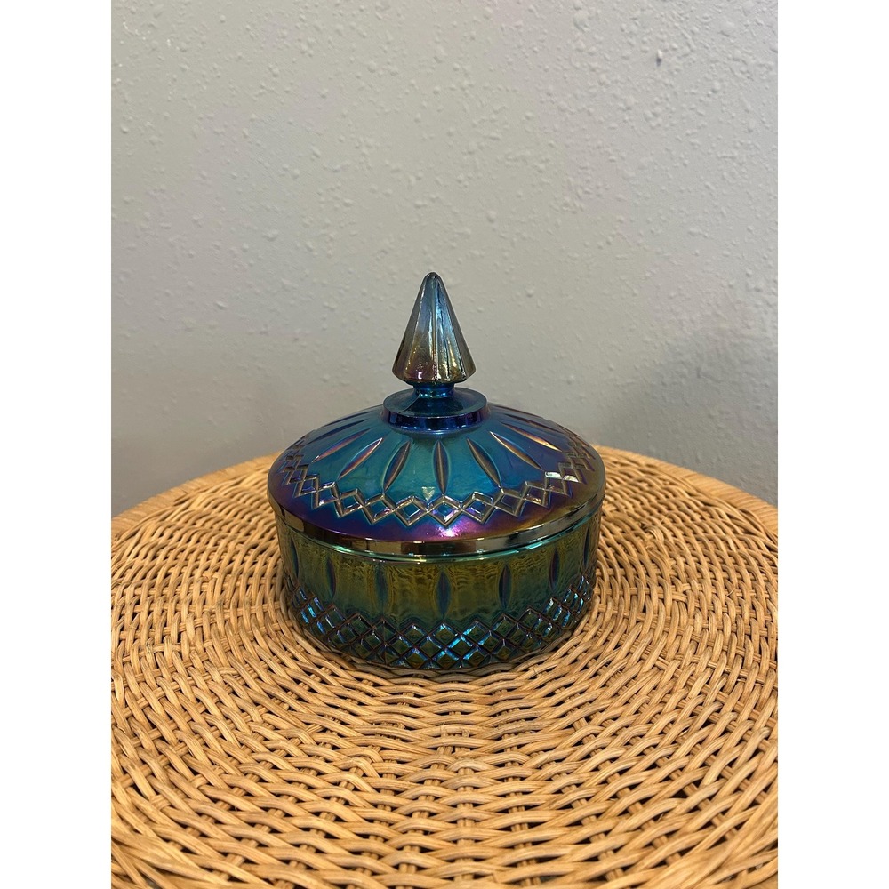 Vintage Indiana Glass Princess Iridescent Blue Carnival Lidded Candy Bowl Dish